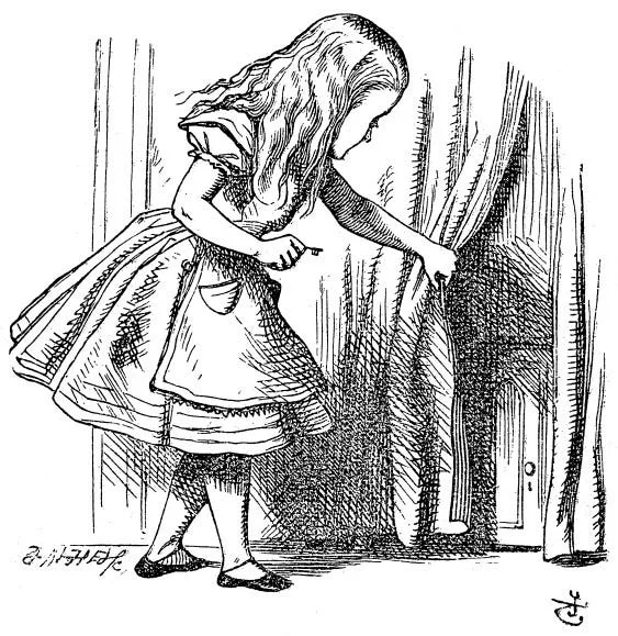 Alice tìm thấy cánh cửa phía sau tấm màn
