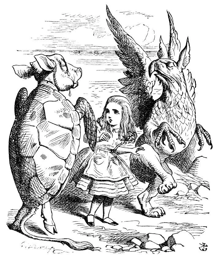 Mock-Turtle-and-Gryphon-demonstrating-the-Lobster-Quadrille-to-Alice