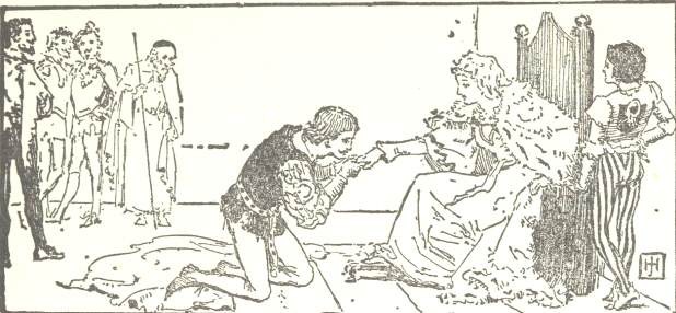 Decorative graphic of young man kissing the princess' hand