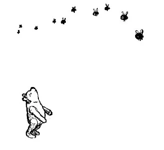 Trong bức tranh này, Winnie-the-pooh đang ngước nhìn lên. Có những sinh vật bé xíu đang bay lượn trên đó.