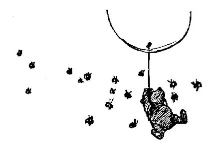 Bức vẽ cho thấy Pooh đang bay lơ lửng dưới khinh khí cầu, bị ong bủa vây xung quanh.