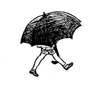 Trong bức tranh này, một chiếc dù lớn che khuất nửa thân trên của Christopher Robin.