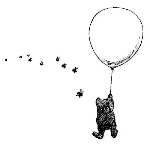 Ta thấy Pooh, vẫn đang treo lơ lửng trên khinh khí cầu, mũi chạm mũi với mấy con ong.