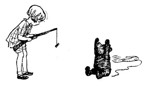 Pooh vẫn dính đầy bùn, hai cánh tay giơ quá đầu, và trong bức tranh này ta thấy Christopher Robin đang cầm một khẩu súng nút chai.