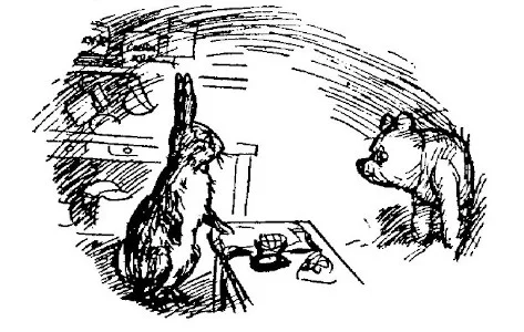 Một bức vẽ cho thấy gấu Pooh mới lọt được nửa người vào nhà của Rabbit; trông cậu chui vừa khít lỗ hang.