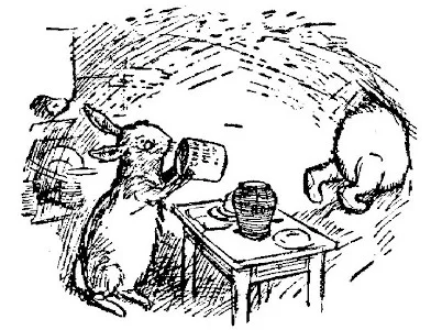Bức tranh tiếp theo mô tả Pooh đang chui ra khỏi nhà Rabbit được một nửa. Rabbit thì đứng thẫn thờ nhìn chằm chằm vào lon sữa đặc trống rỗng, cạnh bên là hũ mật ong cũng trống trơn nằm ngay trên bàn.