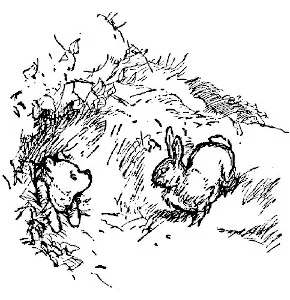 Trong bức vẽ này, Rabbit thấy đầu và hai chân trước của Pooh đang cố chui ra khỏi cửa trước của nhà Rabbit.