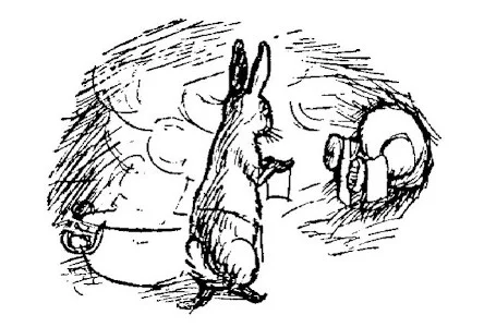 Ở đây chúng ta nhìn thấy bên trong nhà của Rabbit, với cái mông của Pooh vẫn nằm ở ngay cửa. Hai chân của Pooh chĩa thẳng ra ngoài và Rabbit đang dùng chúng để vắt mấy cái khăn.