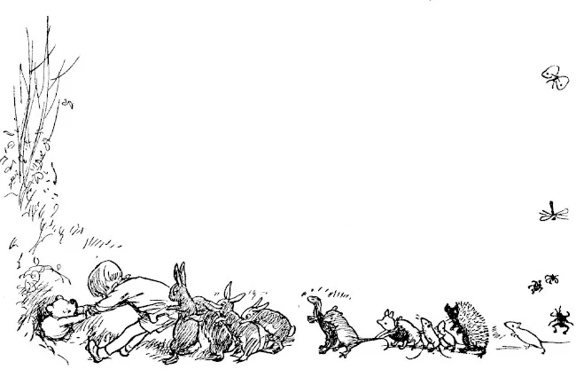 Đây là bức tranh vẽ Christopher Robin, Rabbit, bạn bè và họ hàng của Rabbit, Piglet, vài chú chuột và thậm chí cả một chú nhím, tất cả đang cùng nhau kéo Pooh, lúc này vẫn đang mắc kẹt.