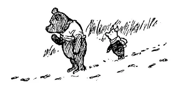 Đây là bức vẽ Pooh đang thắc mắc, còn Lợn Con thì chỉ vào những vết đen.