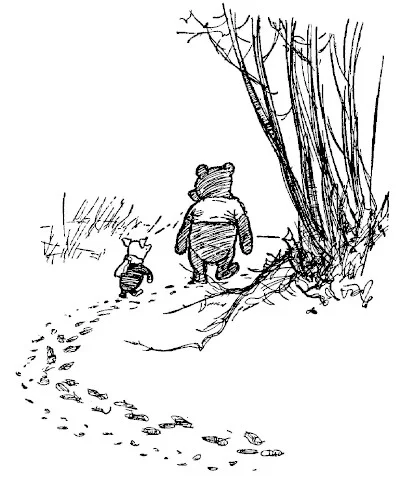 Trong một bức vẽ, ta có thể thấy Pooh và Lợn Con đang lần theo các dấu vết quanh một khoảnh cây nhỏ.