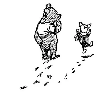 Trong bức vẽ này, Pooh trông rất trầm ngâm, còn Lợn Con đang nhảy lên không trung. Có những dấu vết xung quanh họ.