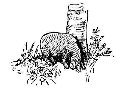 Hình vẽ đầu chương 4 cho thấy Eeyore đang chúi mũi xuống đất dưới gốc cây.