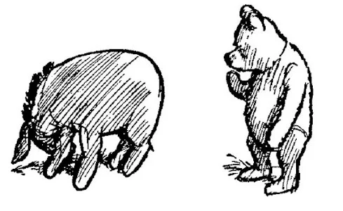 Trong bức tranh, Pooh đang nhìn đăm chiêu vào cái mông nhẵn thín của Eeyore.
