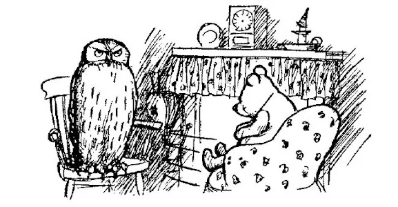 Bức tranh tiếp theo cho thấy Pooh đang ngồi trên một chiếc ghế bành thoải mái trước lò sưởi của Cú, lắng nghe Cú, người đang đứng trên một chiếc ghế.