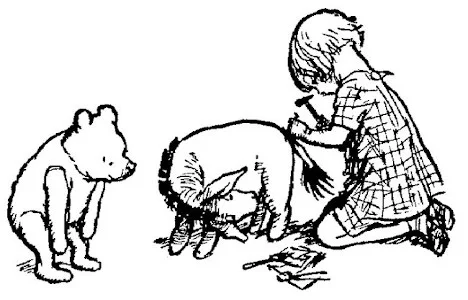 Một bức vẽ cho thấy Christopher Robin đang gắn lại cái đuôi cho Eeyore, Eeyore cong người lại để nhìn, và Pooh đứng nhìn với một nụ cười.
