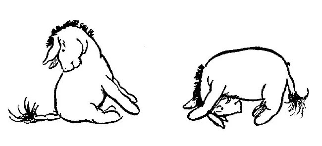 Một bức vẽ ở cuối chương cho thấy Eeyore đang nhảy nhót. Cậu mỉm cười ngắm nghía chiếc đuôi của mình, vắt nó qua lưng... vòng qua sườn... rồi lượn xuống dưới bụng. Cuối cùng, cậu chống cả đầu và hai chân trước xuống đất, chổng tót mông lên trời.