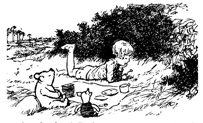 Một hình vẽ mở đầu chương 5 cho thấy Pooh, Lợn Con và Christopher Robin đang ngồi quanh một tấm chăn dã ngoại. Trên chăn có một hũ mật ong, những chiếc đĩa và tách trà. Christopher Robin đang tự trò chuyện với một chân giơ lên không trung; Pooh và Lợn Con đang lắng nghe.