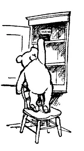 Trong bức tranh này, chúng ta thấy tủ thức ăn của Pooh chỉ còn lèo tèo một hũ duy nhất, và Pooh phải rướn hết cỡ nhưng gần như chẳng thể nào với tới được.