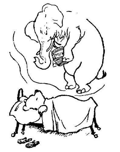 Trong hình vẽ này, chúng ta thấy Pooh, đang ngủ say trên giường. Chúng ta thấy giấc mơ của cậu ấy, đó là một con heffalump to lớn với đôi tai to và một cái vòi, đang ôm một hũ mật ong.