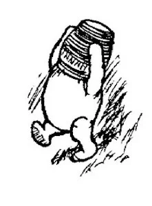 ... và chúng ta thấy Pooh đang cố gắng điên cuồng để tháo cái hũ mật ra khỏi đầu mình.