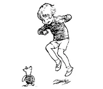 Trong hình vẽ, Christopher Robin đang bật dậy để xuất phát. Lợn Con ngước nhìn cậu bé.