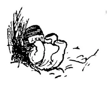 Ở đây chúng ta có một hình vẽ của Pooh với đôi chân chổng lên trời, đập cái đầu-Hũ-Mật của mình vào rễ cây.