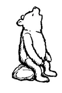 Một bức vẽ cho thấy Pooh đang ngồi trên một tảng đá, cất tiếng hát.