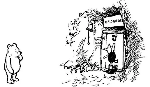 Trong bức vẽ, Pooh nhìn thấy Lợn Con ở cửa nhà Pooh (dưới tấm biển ghi "Ông Sanders") và tỏ vẻ bối rối.