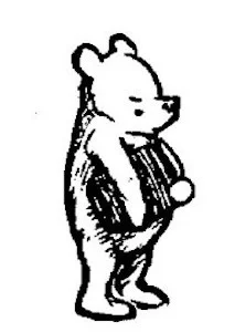 Một bức vẽ cho thấy Pooh đang cầm một hũ mật ong.