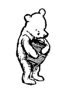 Trong bức vẽ này, Pooh đang nhìn chằm chằm vào hũ mật ong cậu đang cầm.