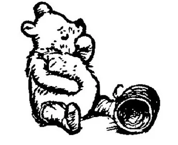 Bây giờ bức vẽ cho thấy Pooh đang ngồi với hũ mật rỗng không và trông hơi lem luốc. Cậu đang suy nghĩ.