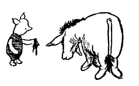 Trong bức vẽ, Eeyore đang nhìn Lợn Con và mảnh bóng bay rách nát. Đuôi của Eeyore rủ thõng xuống.