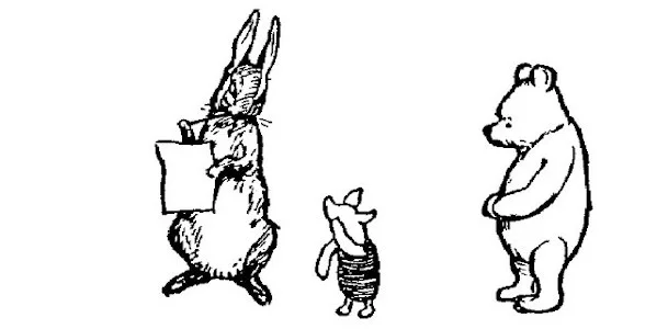 Trong bức vẽ, Thỏ đang cầm một tờ giấy và cúi nhìn Lợn Con. Lợn Con đang ôm cằm. Pooh đặt hai chân trước ra phía trước.