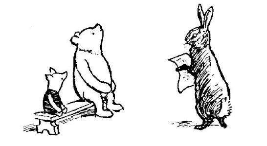 Trong bức vẽ này, Pooh và Lợn Con đang ngồi trên một chiếc ghế dài lắng nghe Thỏ, người đang đọc từ tờ giấy của mình.