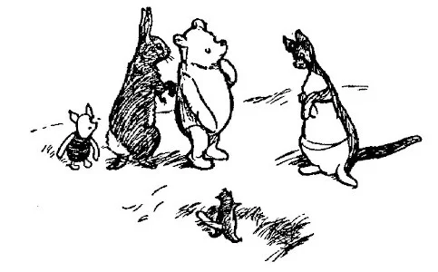 Trong bức vẽ, Pooh đang suy nghĩ. Kanga đang chăm sóc Roo. Thỏ đang thúc cùi chỏ vào Pooh. Lợn Con đứng nhìn.