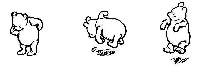 Các bức vẽ cho thấy Pooh đang tập nhảy. Trong bức đầu tiên, cậu ấy đang nghĩ về việc nhảy. Bức thứ hai là cú nhảy xoay người, và bức thứ ba là một cú nhảy nảy lên.
