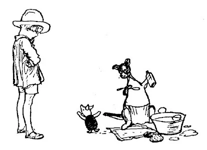 Trong bức vẽ, Christopher Robin nhìn thấy Kanga với chậu tắm và Lợn Con đang phản đối.