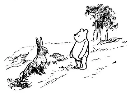 Một bức vẽ cho thấy Pooh gặp Thỏ trên một con đường.
