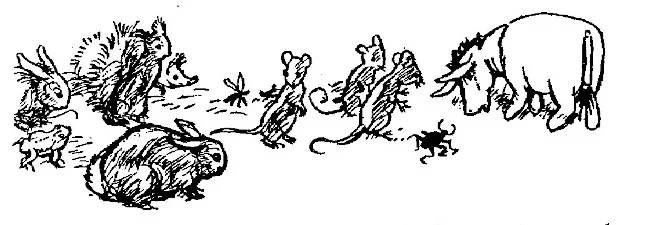Trong bức vẽ này, Eeyore đang liếc nhìn Thỏ cùng tất cả Bạn Bè và Họ Hàng của Thỏ. Có chuột, thỏ, một con nhím, một con ếch, một con sóc, một con chuồn chuồn và cả một con bọ hung đen to bự.