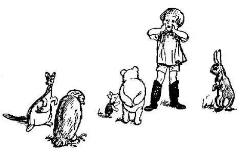 Trong bức vẽ này, Christopher Robin đang hét về phía đầu hàng. Thỏ, Pooh, Lợn Con, Cú, Kanga và bé Roo.
