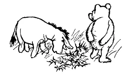 Trong bức vẽ, Eeyore đang bắt đầu nhai ngồm ngoàm cây tật lê; Pooh đang đứng dậy với rất nhiều gai tật lê dính trên mông.