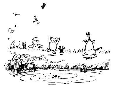 Trong bức vẽ này, chúng ta thấy Kanga, Pooh, Lợn Con và Christopher Robin đang lao ra Vũng Nước nơi Roo đang vẫy vùng.