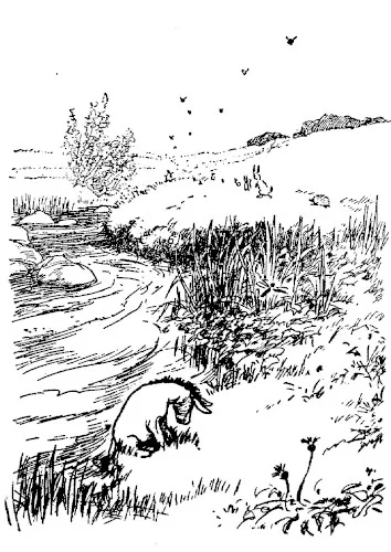 Trong bức vẽ này, chúng ta thấy dòng suối đang chảy xiết. Eeyore đang đứng đợi, một mình, với cái đuôi thò xuống nước.