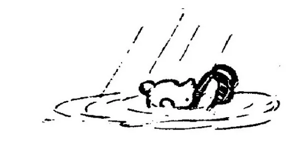 Trong bức vẽ, đầu của Pooh nhô lên khỏi mặt nước, cậu đang ôm chặt hũ mật ong cuối cùng của mình.