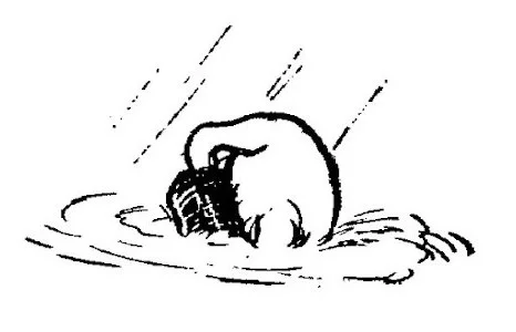 Trong bức vẽ, Pooh đang ôm cái hũ rỗng trôi lềnh bềnh của mình.
