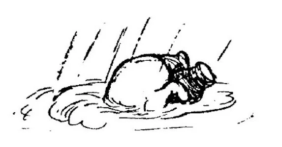 Trong bức vẽ, cái hũ đang nổi, Pooh đang cố gắng bám chặt vào nó.