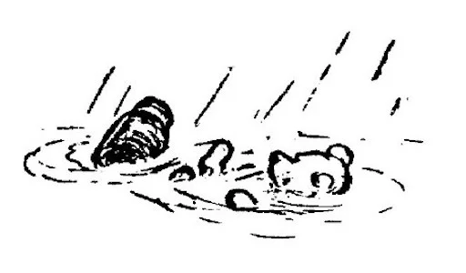Trong bức vẽ này, Pooh đã tuột tay khỏi cái hũ.