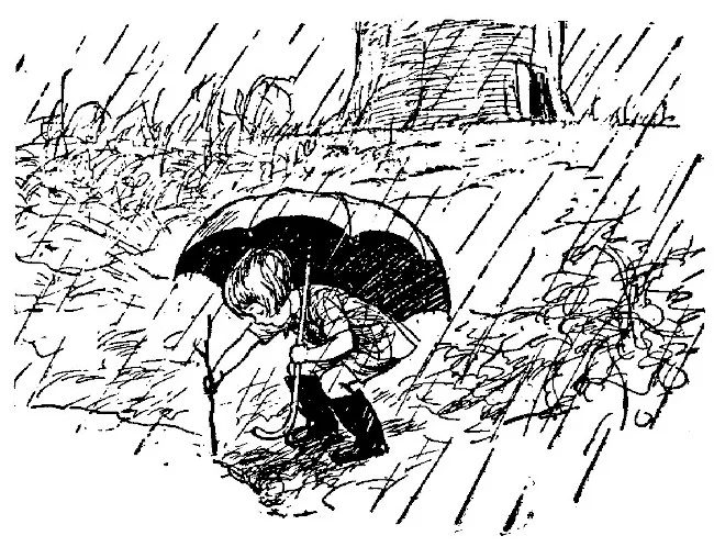 Bức vẽ này phác họa Christopher Robin đang che một chiếc ô lớn, cắm một cành cây xuống mép nước.