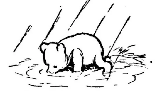 Bức tranh cho thấy Pooh đang lục đục lội lên từ mép nước.